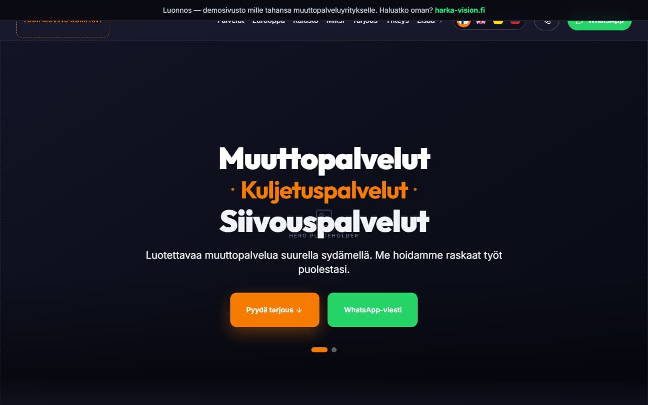 Muuttopalveluyrityksen verkkosivukonsepti - monikielinen laskeutumissivu