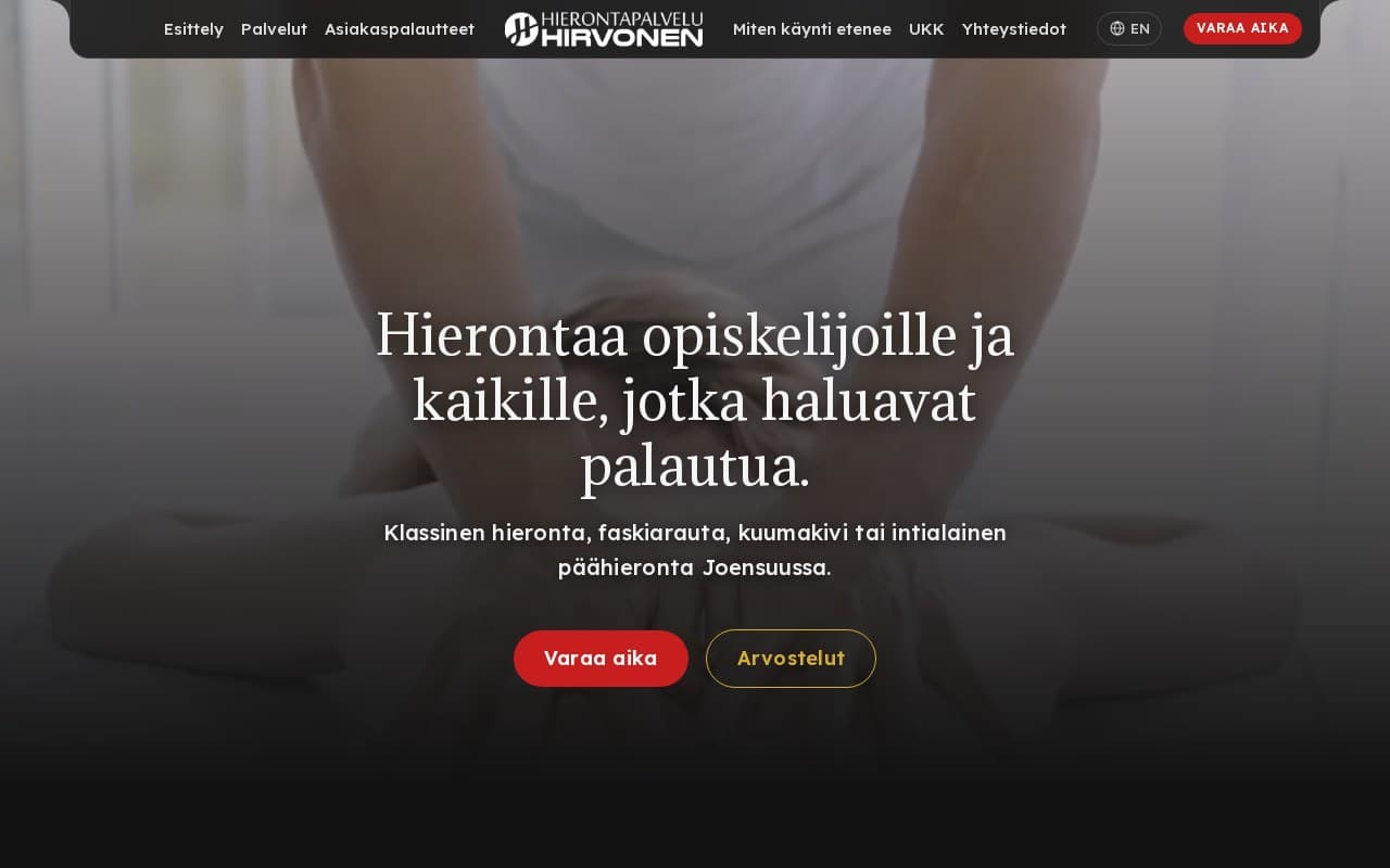 Hierontapalvelu Hirvonen Joensuu. Tumma etusivu punaisella ja kullalla.