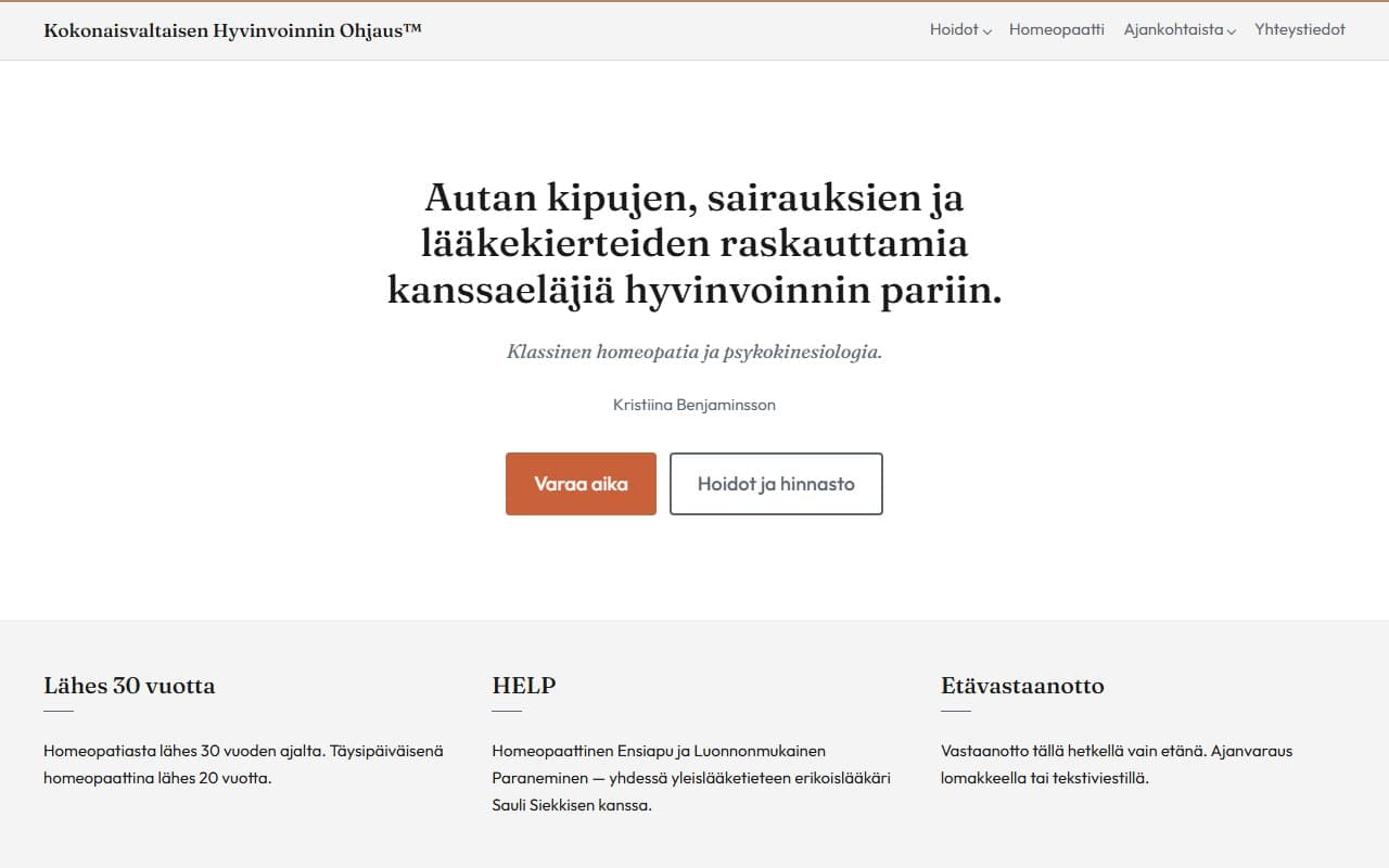 Uusi etusivu. Klassinen homeopatia, yhteydenotto heti näkyvissä.