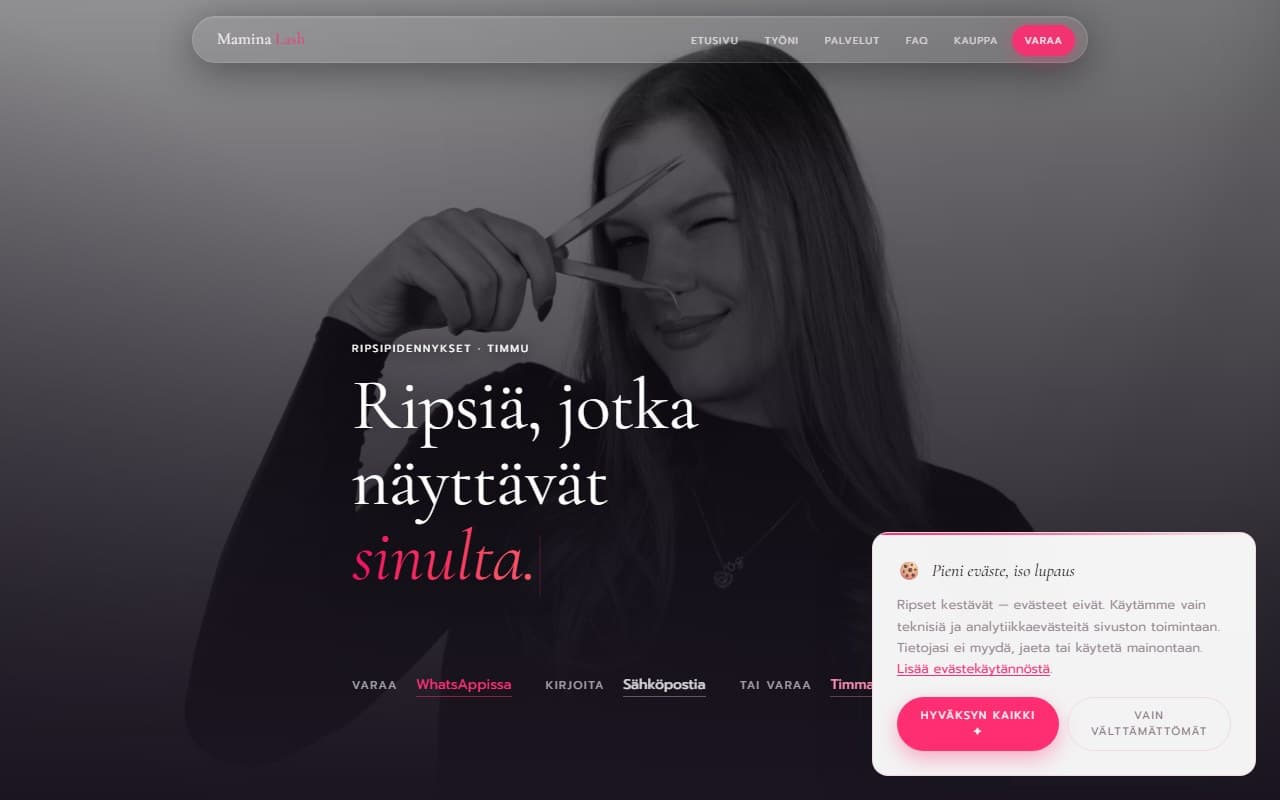 Mamina Lash kauneushoitola verkkosivu Suomessa - ripsienpidennysstudio Helsingissä