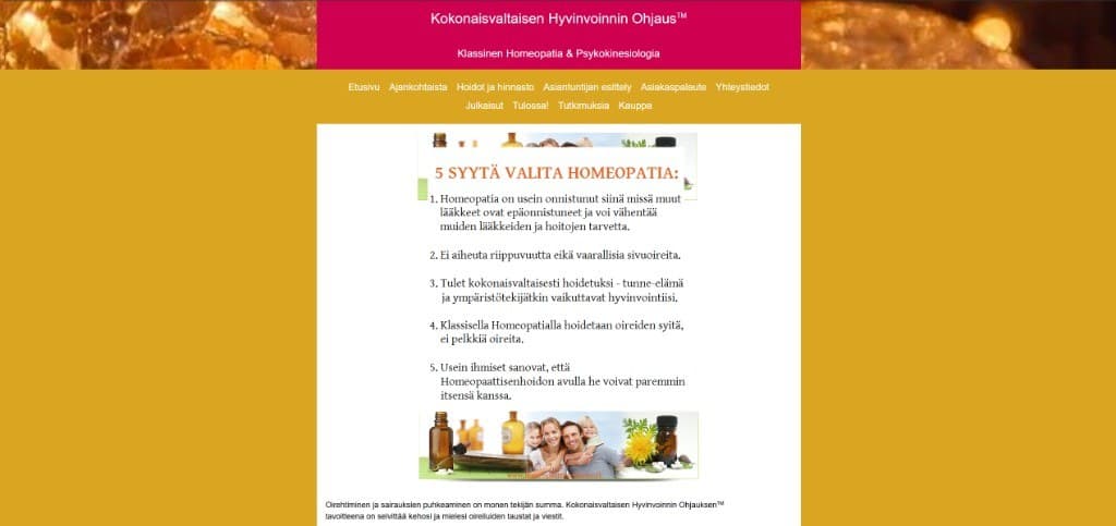 Vanha etusivu. Pinkki palkki, keltainen tausta, kapea tekstipalsta.