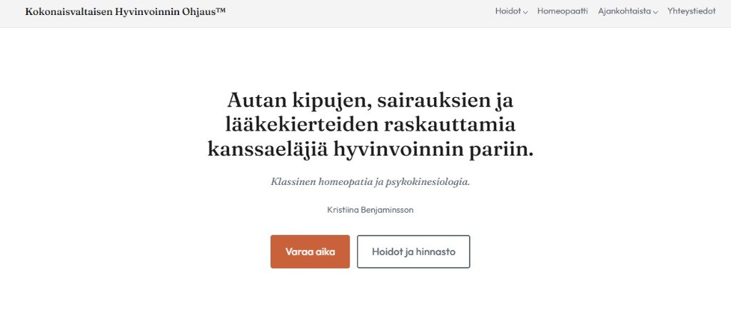 Homeopaattinen hoito -etusivu. Ensimmäinen näyttö: kenelle työ on, klassinen homeopatia, napit Varaa aika ja Hoidot ja hinnasto.