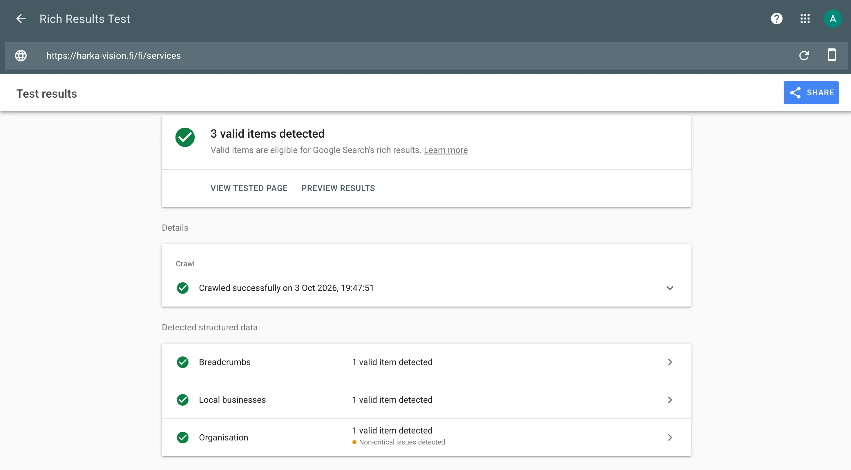 Googlen Rich Results Test palvelusivulle: Breadcrumbs, Local businesses ja Organisation, kaikki kelvollisia.